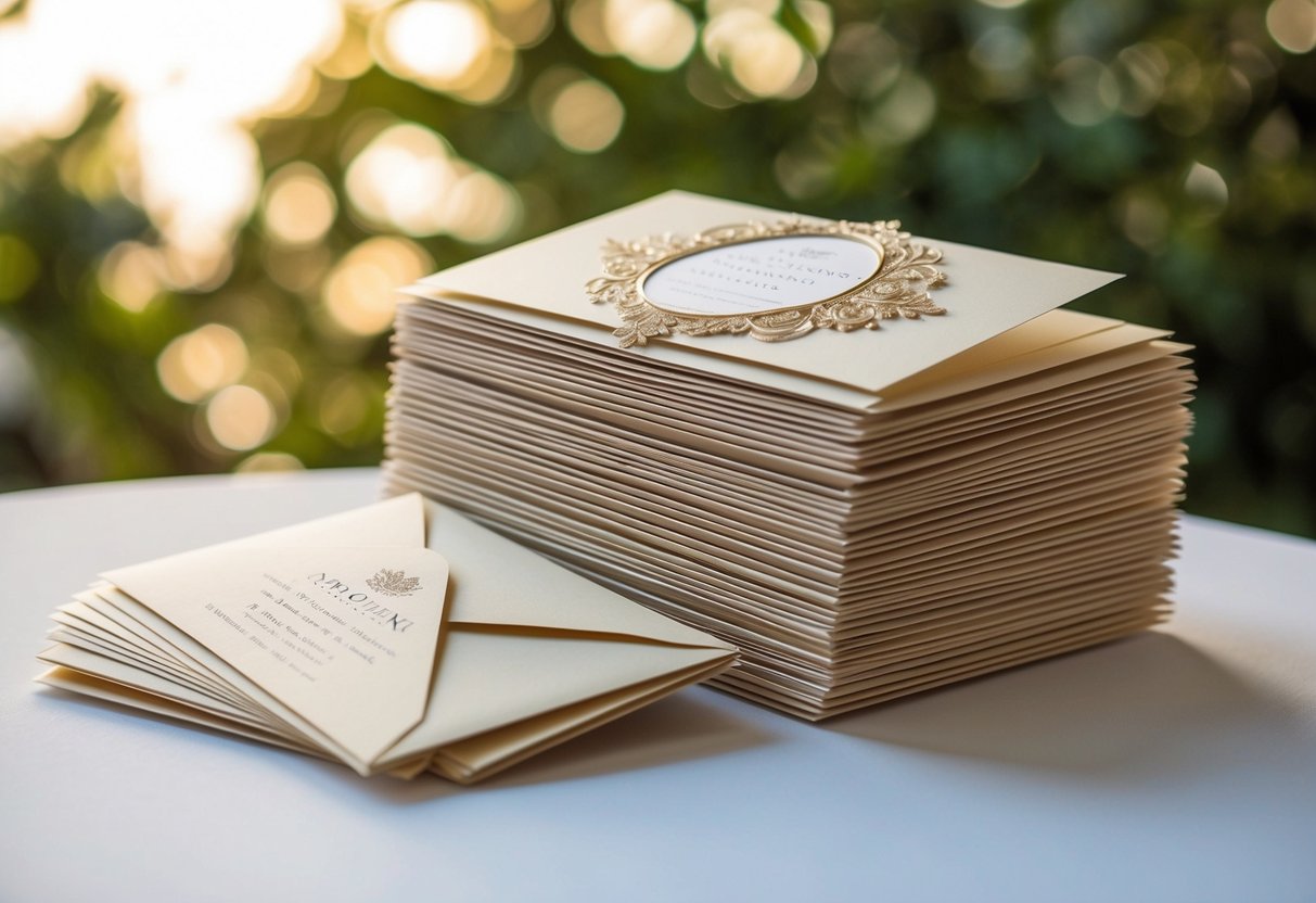 A stack of 100 elegant wedding invitations with matching envelopes, adorned with intricate designs and delicate details