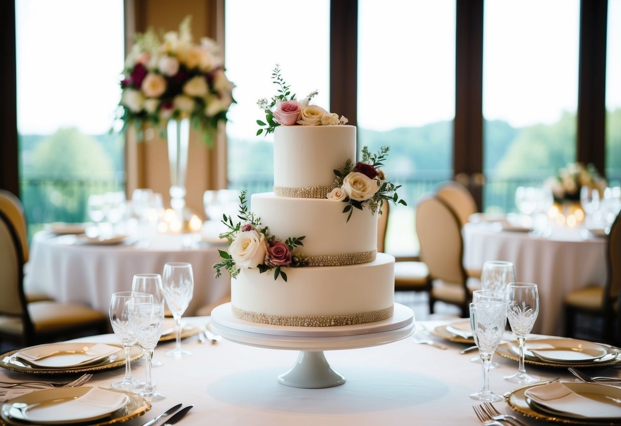 A beautifully decorated wedding cake with floral accents and elegant table settings