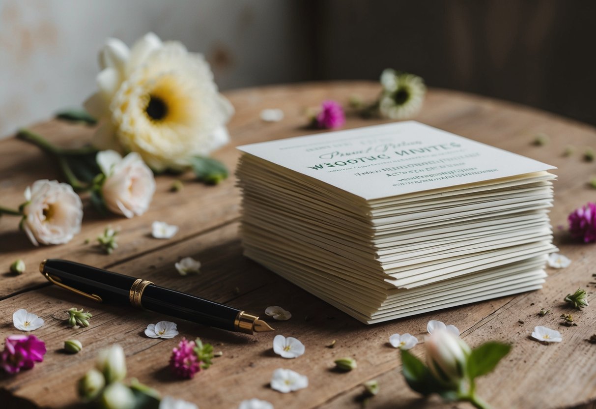 A stack of 100 wedding invites on a rustic wooden table, surrounded by scattered floral decorations and a vintage ink pen
