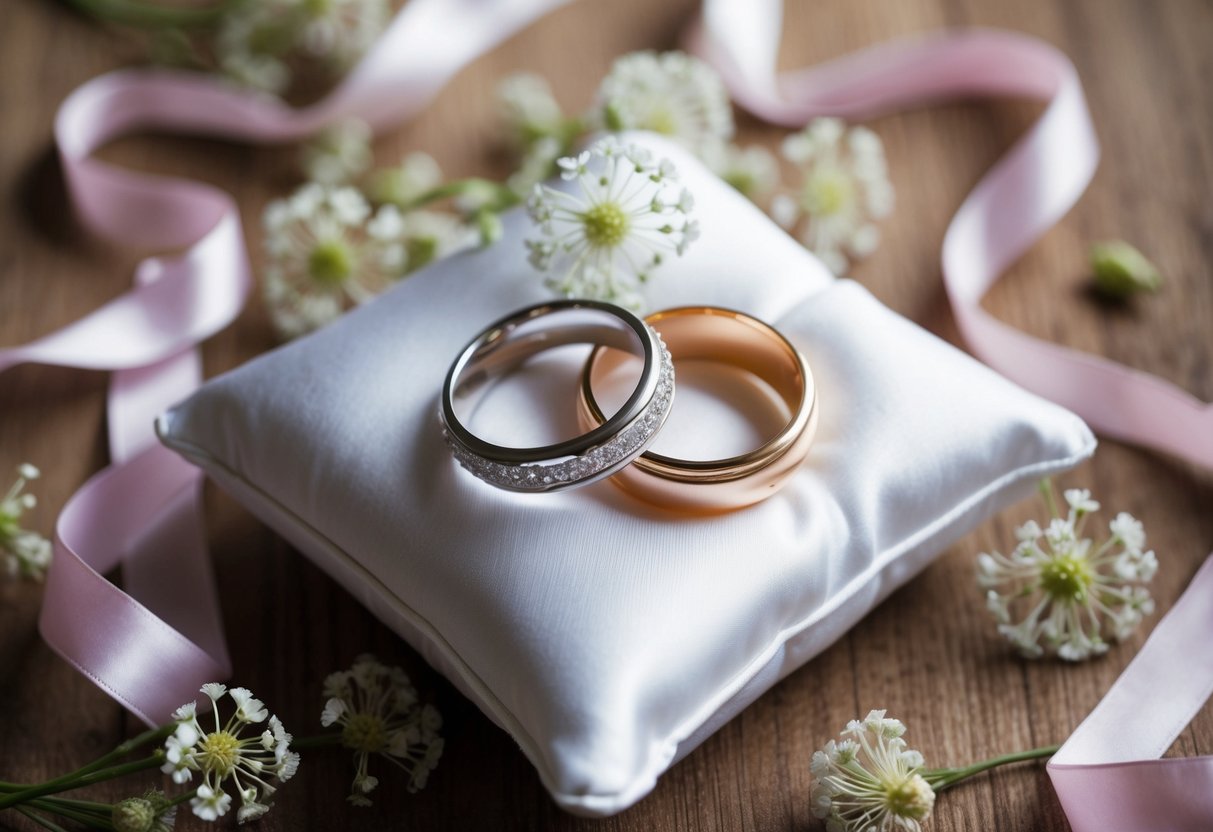A pair of entwined rings on a satin pillow, surrounded by delicate flowers and trailing ribbons