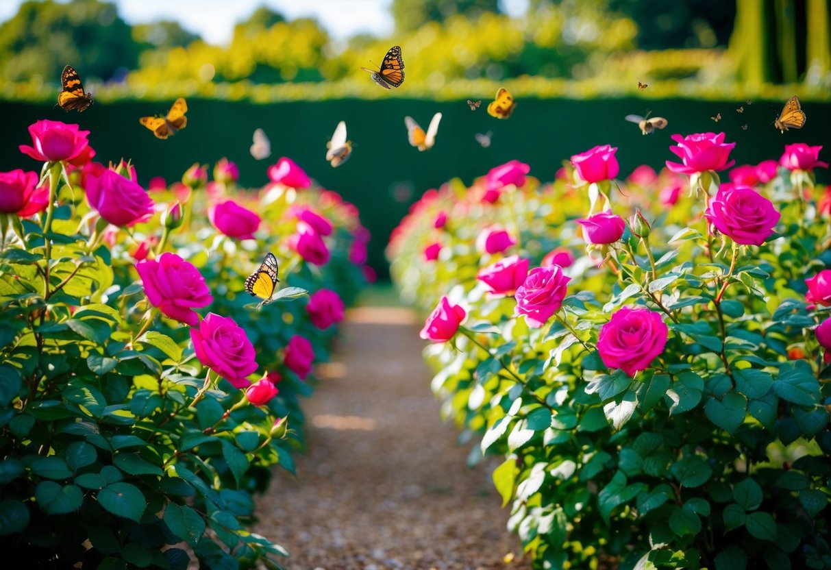A garden with rows of vibrant, blooming rose bushes, surrounded by fluttering butterflies and humming bees