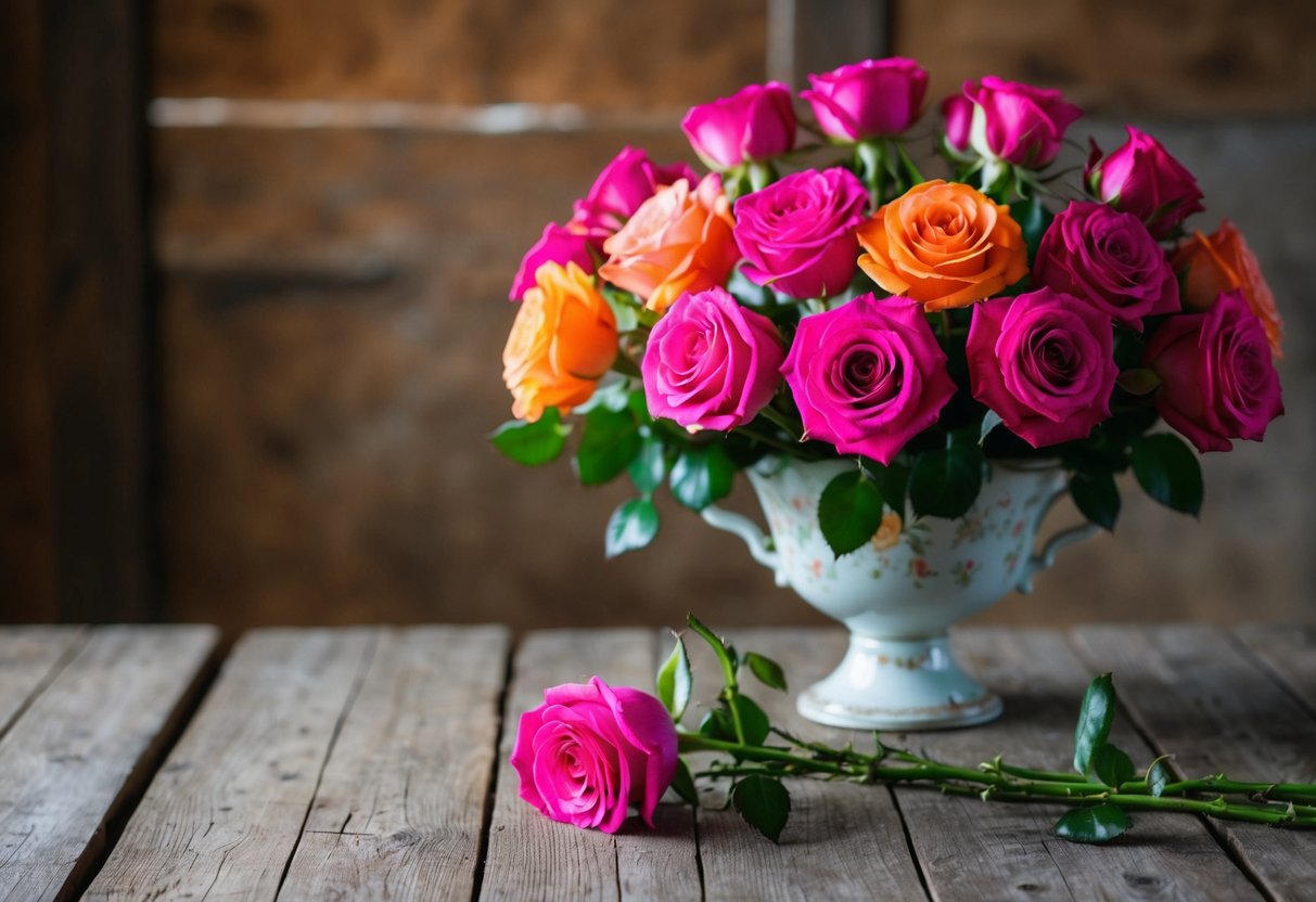 A bouquet of vibrant, fragrant roses arranged in a delicate vase on a rustic wooden table
