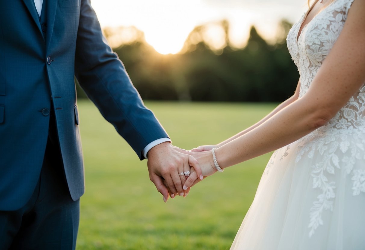 A newlywed couple standing side by side, smiling and holding hands, with a wedding ring visible on the woman's finger