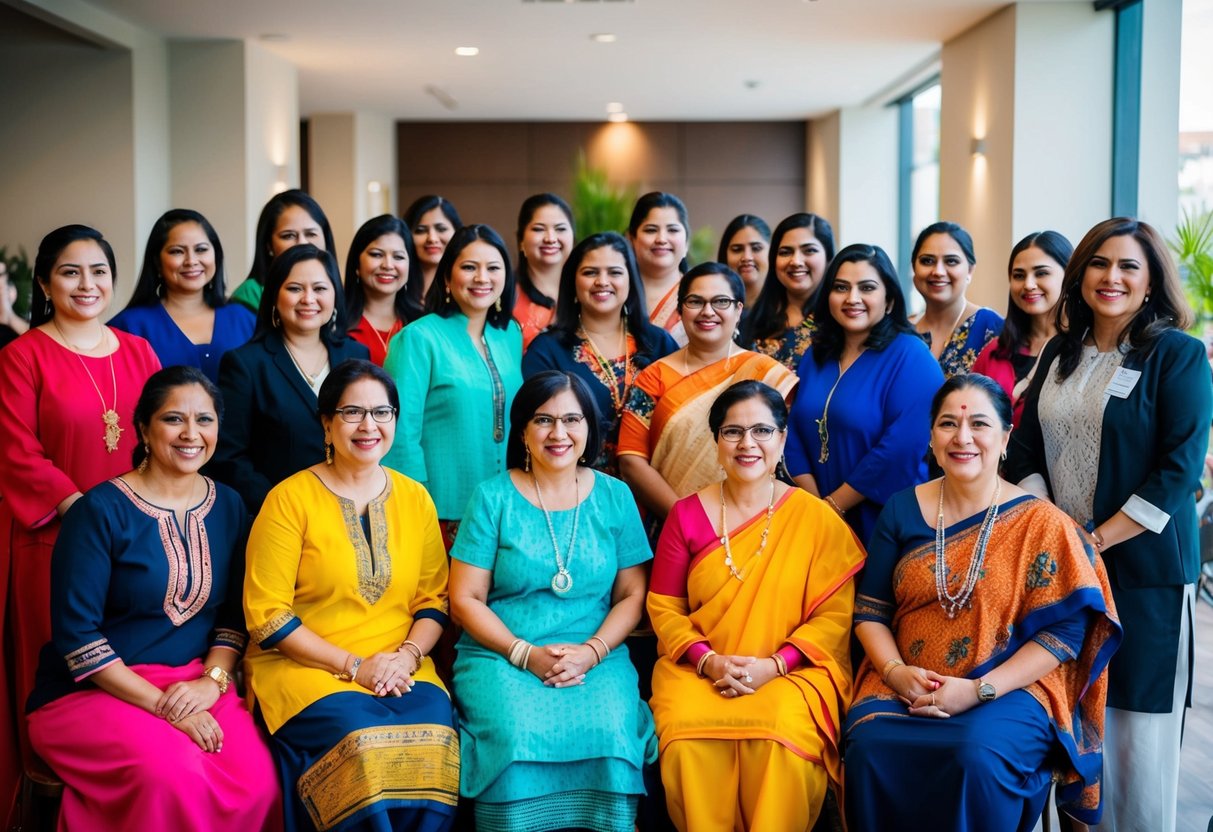 A diverse group of women of various ages and ethnicities, wearing traditional and modern attire, gathered together in a social setting