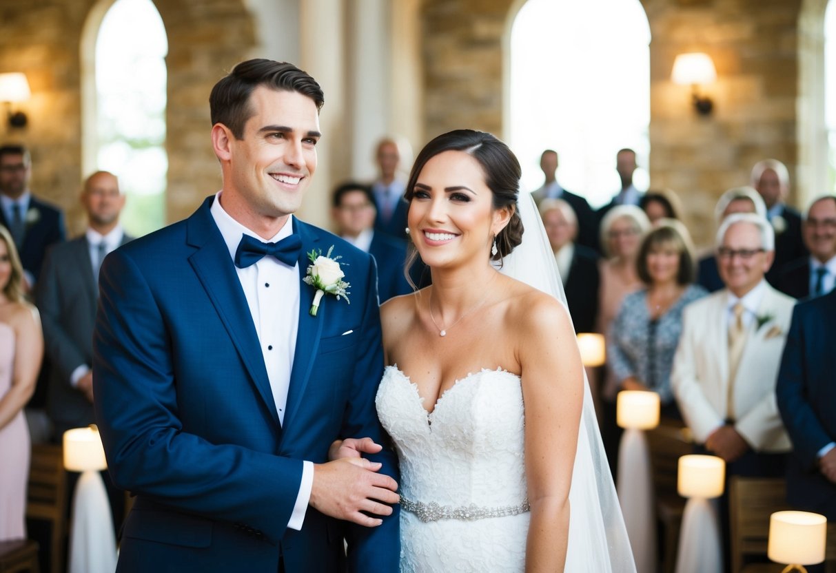 A bride and groom stand side by side, smiling as they are introduced as "Mr. and Mrs." for the first time