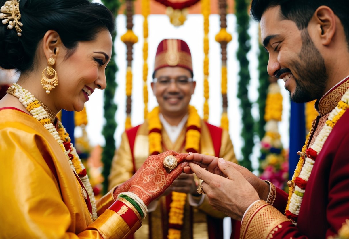 A newlywed couple exchanging rings in a traditional ceremony, surrounded by cultural symbols and decor