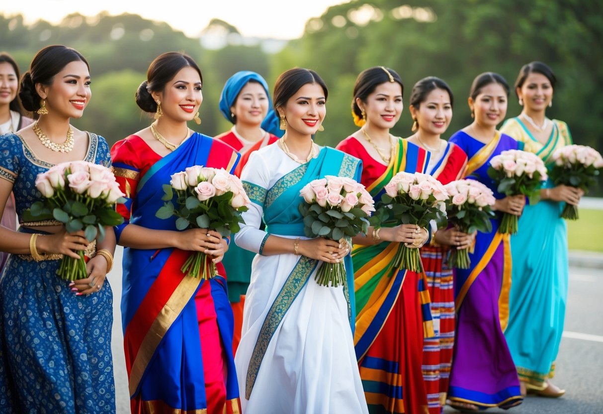 A diverse group of women in traditional attire, carrying bouquets of roses, representing different cultures and nationalities