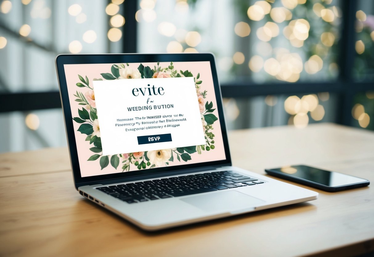 A laptop displaying an evite for a wedding with a floral background and RSVP button
