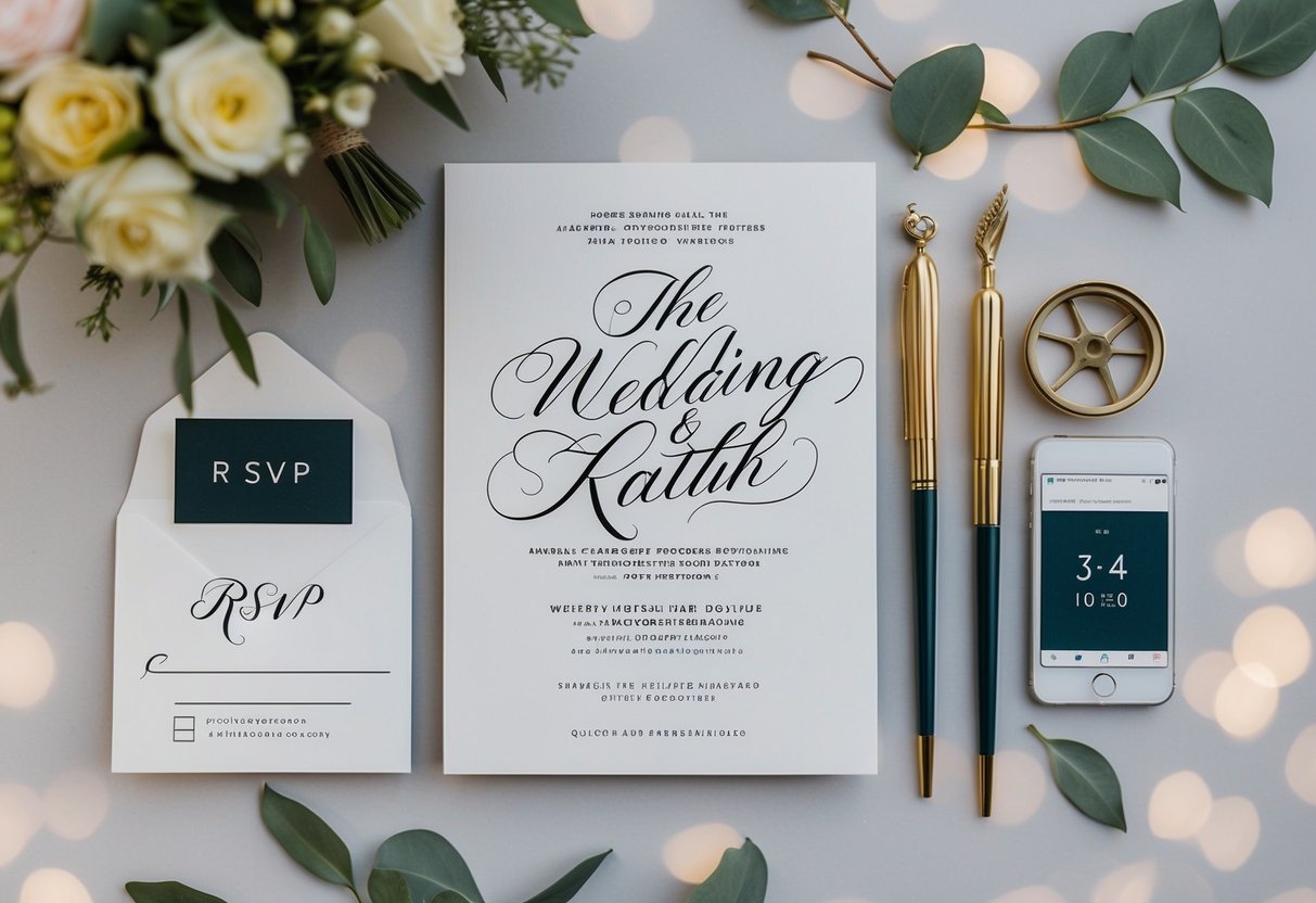 A modern wedding invitation design with a mix of traditional and contemporary elements, featuring elegant calligraphy and digital RSVP options