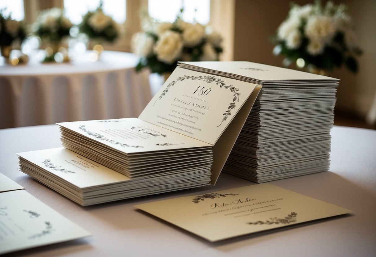 A stack of 150 wedding invitations arranged neatly on a table, with elegant designs and decorative elements