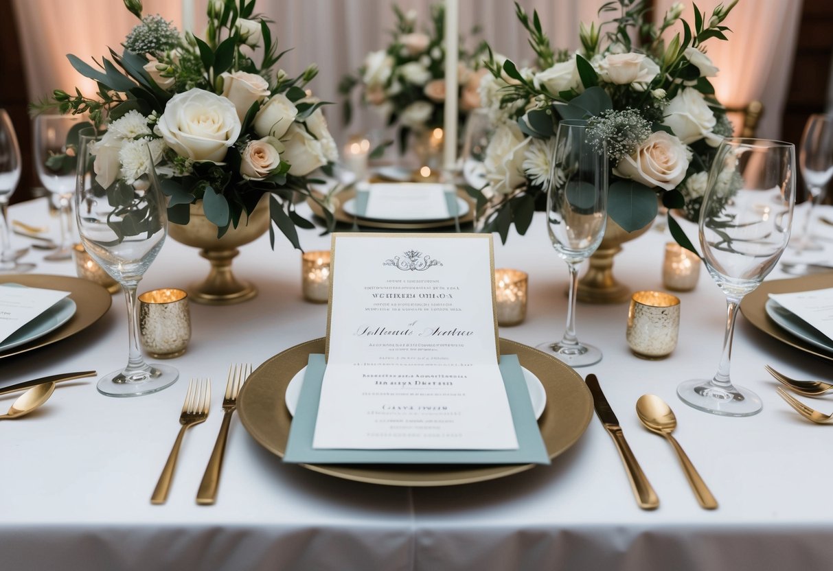 A table adorned with elegant wedding invitations, surrounded by floral arrangements and decorative elements in line with the wedding theme
