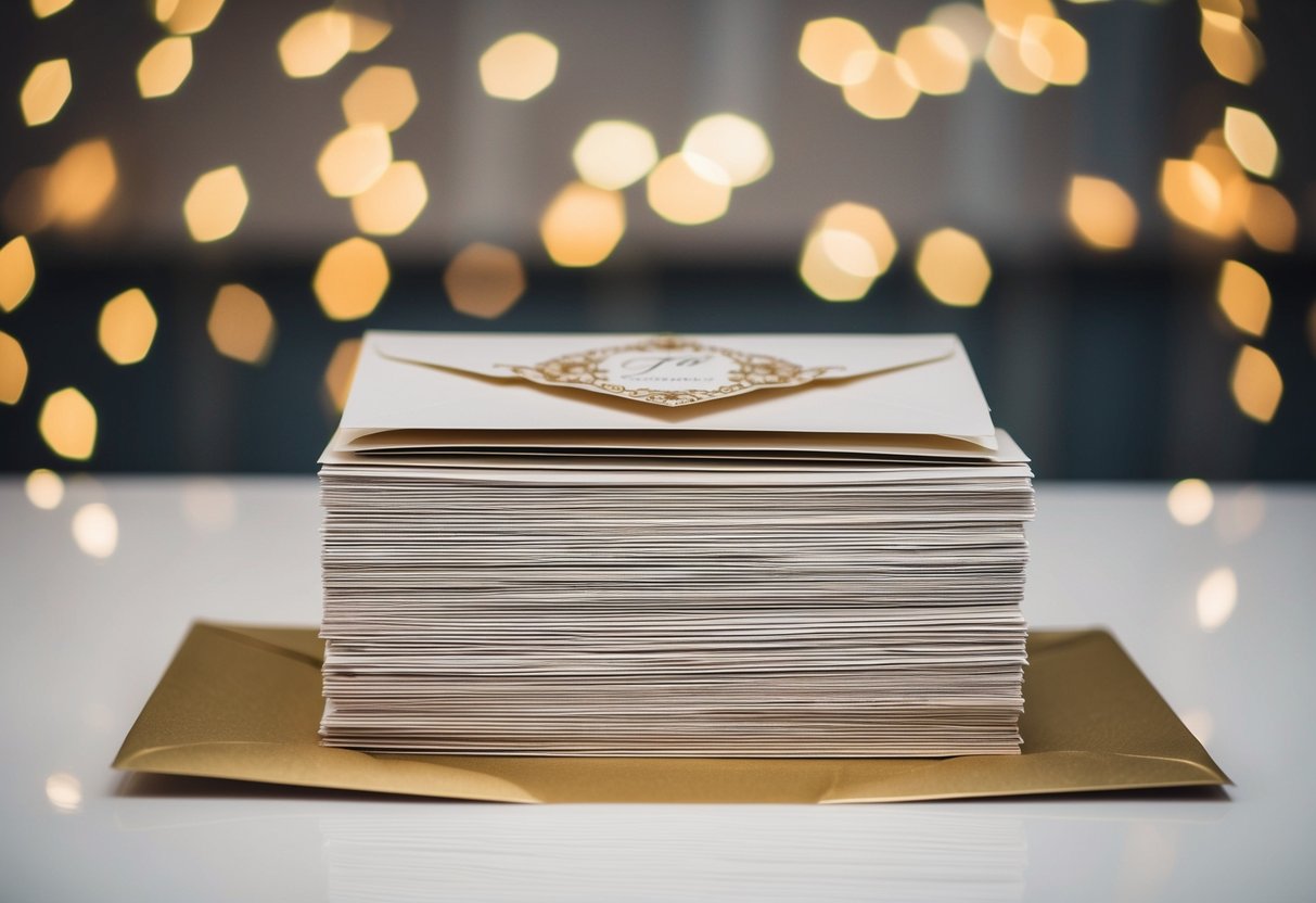 A stack of 150 wedding invites with a decorative design and envelope