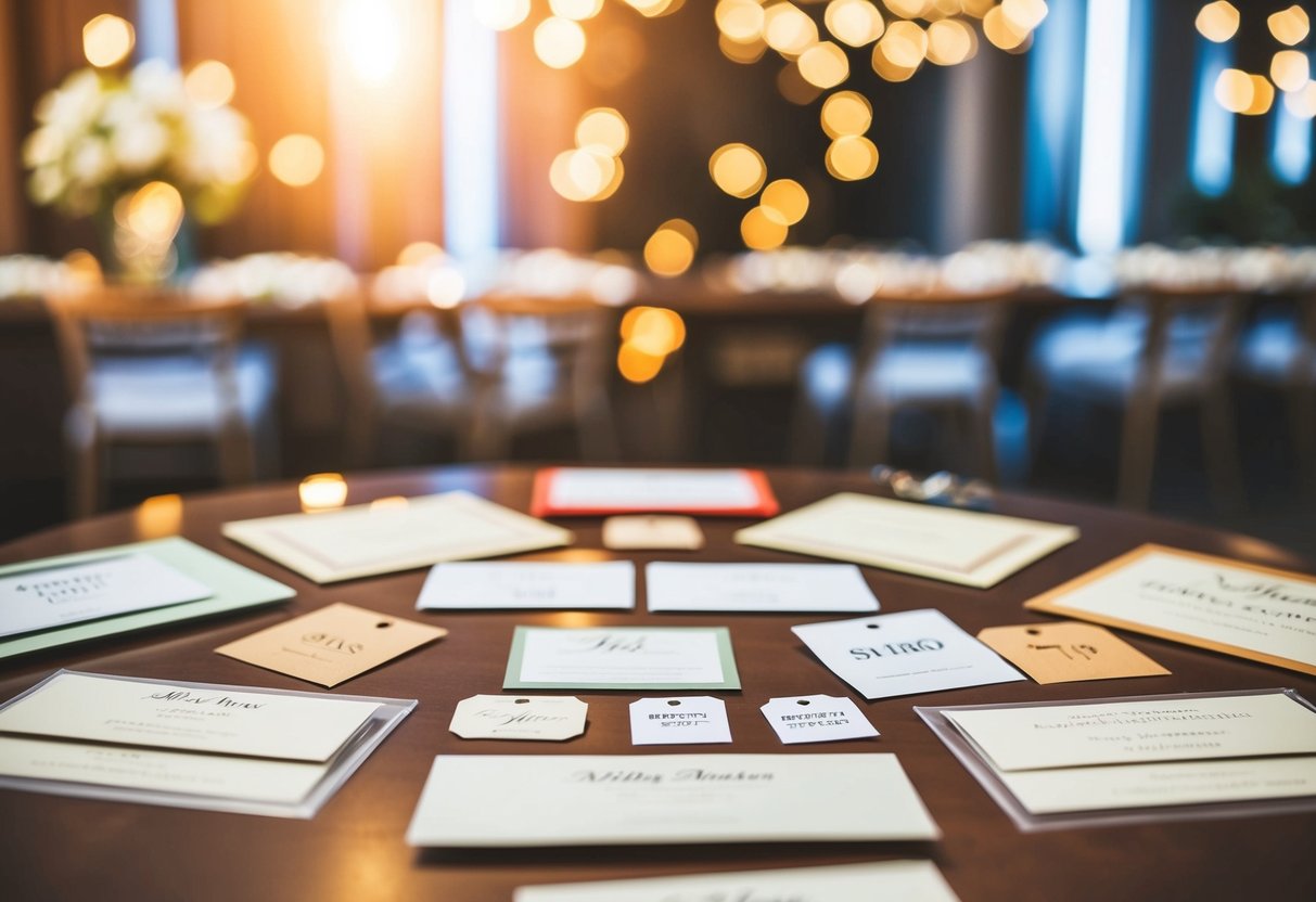 A table with various wedding invitation samples and price tags displayed
