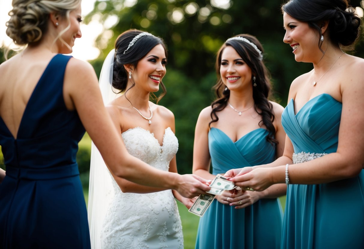 A bride handing money to a group of bridesmaids
