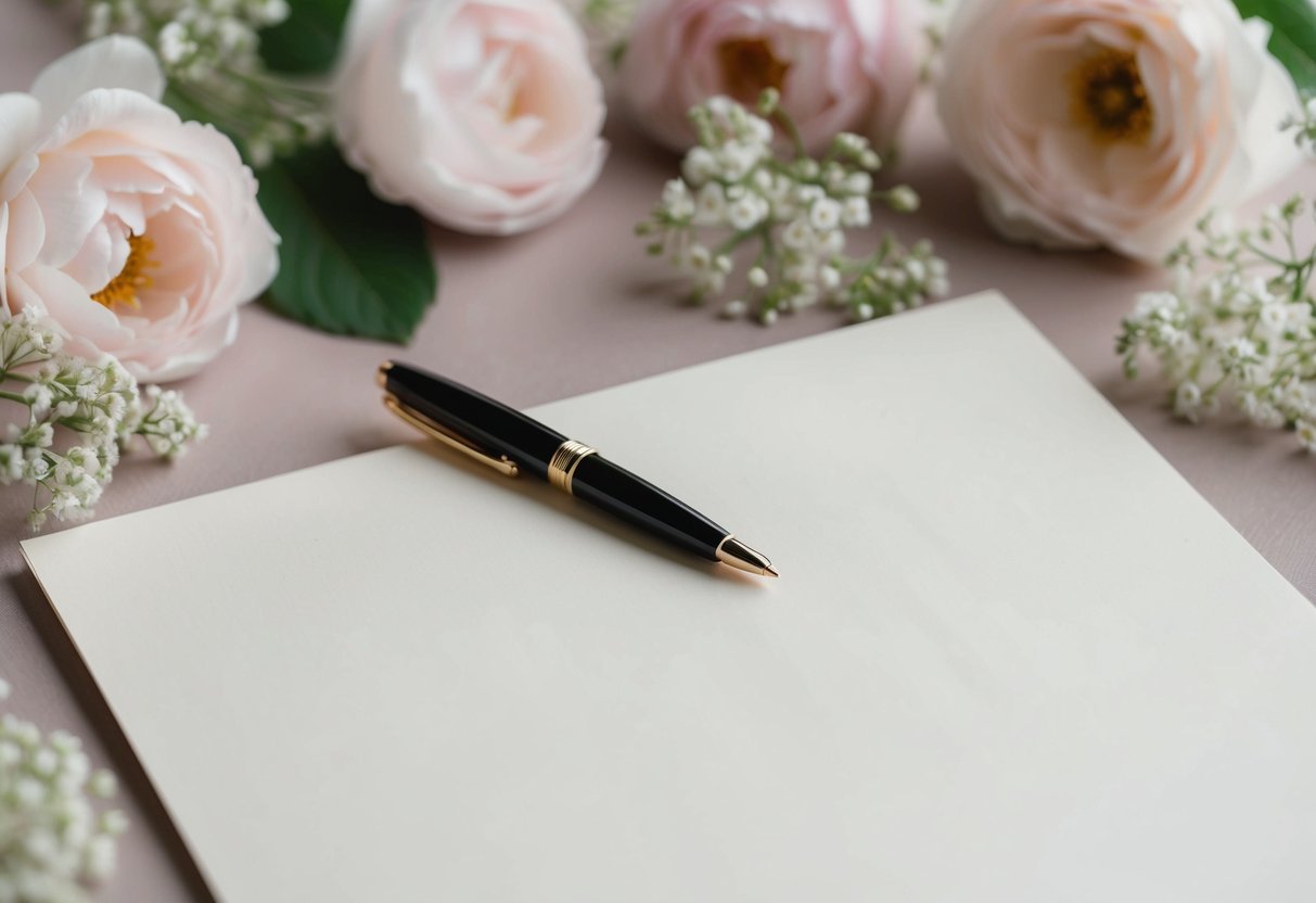 A pen resting on a blank sheet of elegant stationery, surrounded by delicate floral decorations and a soft, romantic lighting