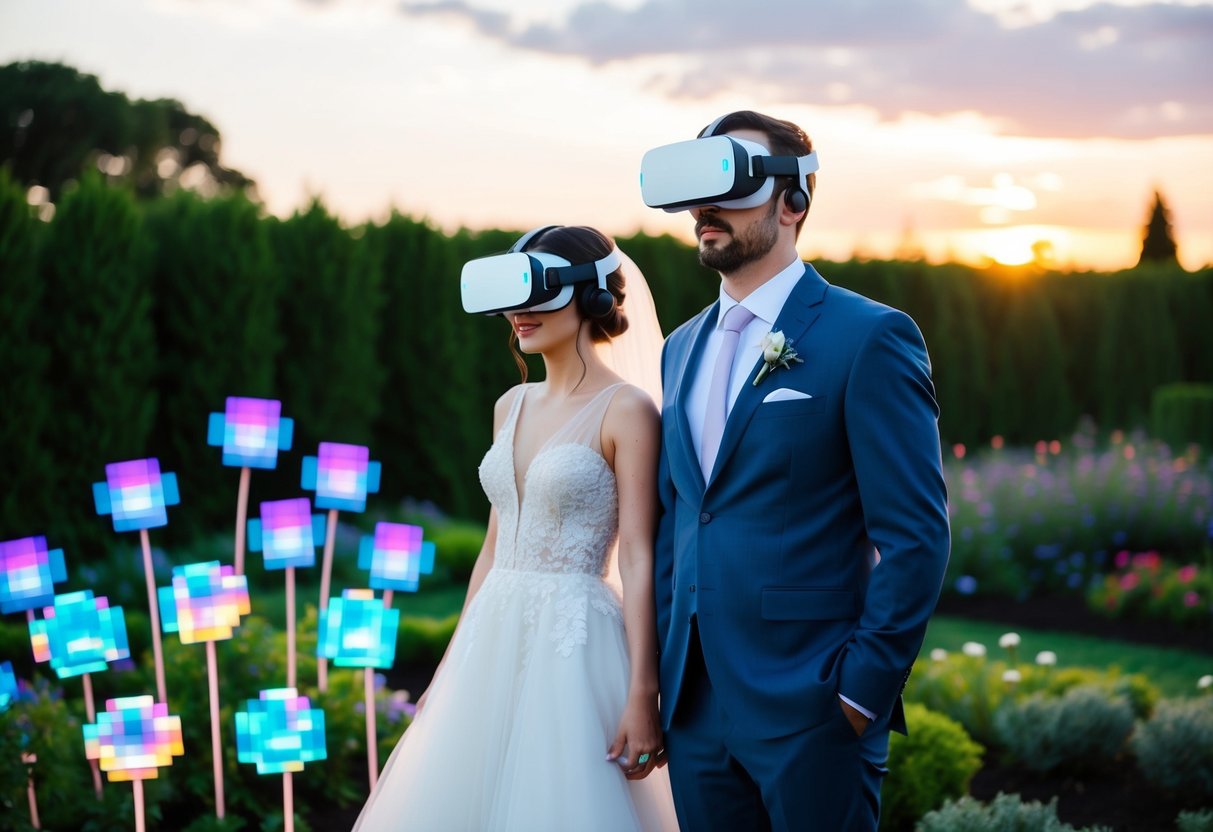 A bride and groom wearing virtual reality headsets stand in a digital garden with holographic flowers and a pixelated sunset