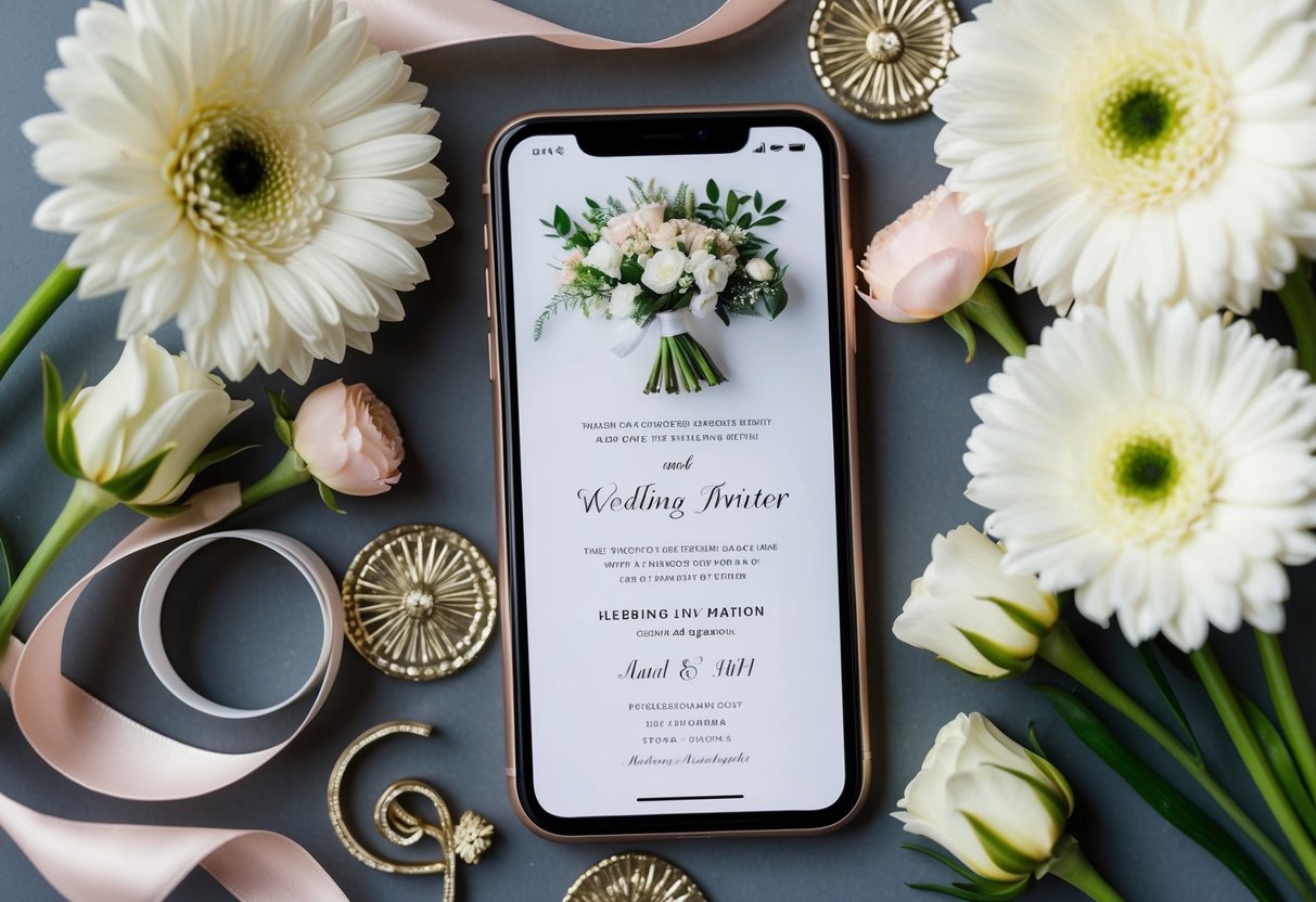 A smartphone with a wedding invitation displayed on the screen, surrounded by decorative elements such as flowers and ribbons