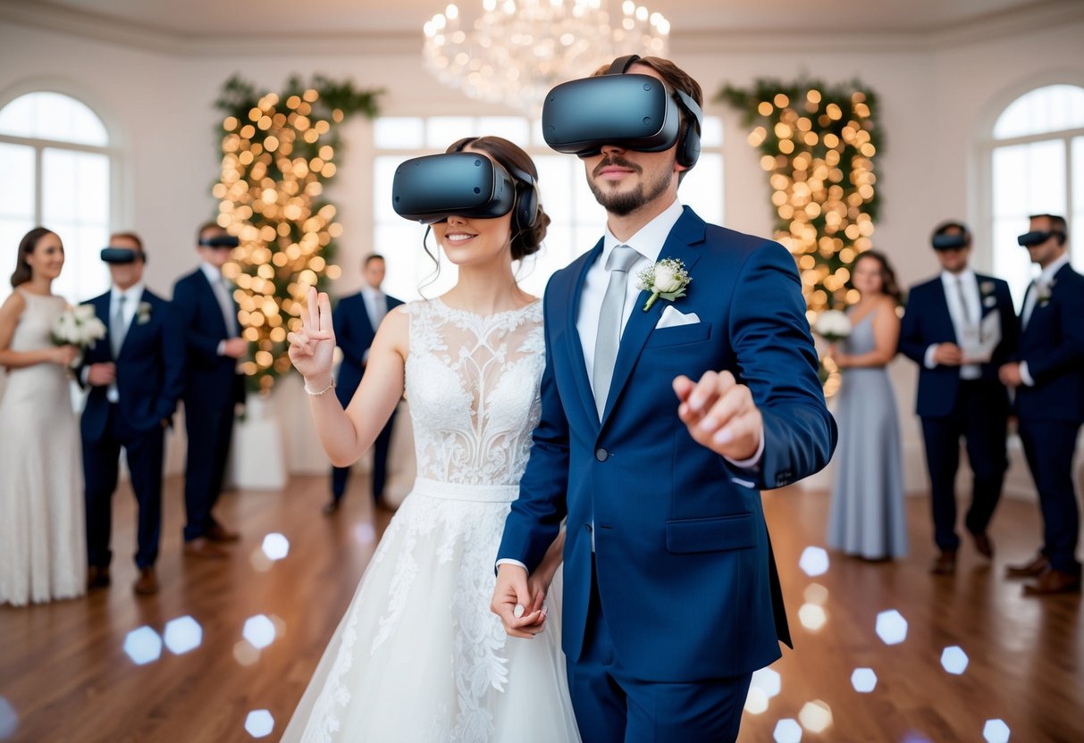 A bride and groom wearing virtual reality headsets, surrounded by a digital wedding venue with virtual decorations and guests