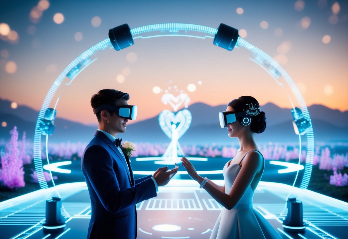 A virtual reality wedding set in a futuristic, digital landscape with holographic decorations and avatars of the bride and groom exchanging vows