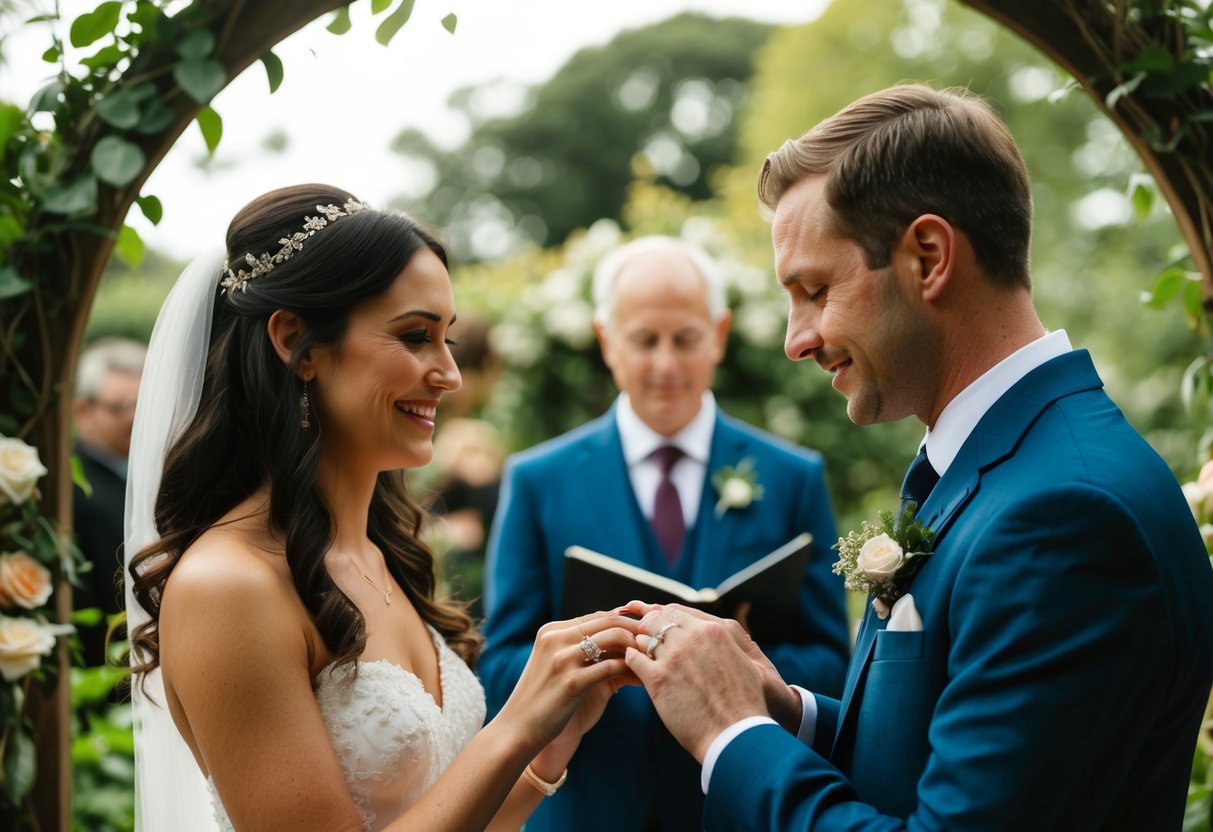A couple exchanging rings in a secret garden ceremony
