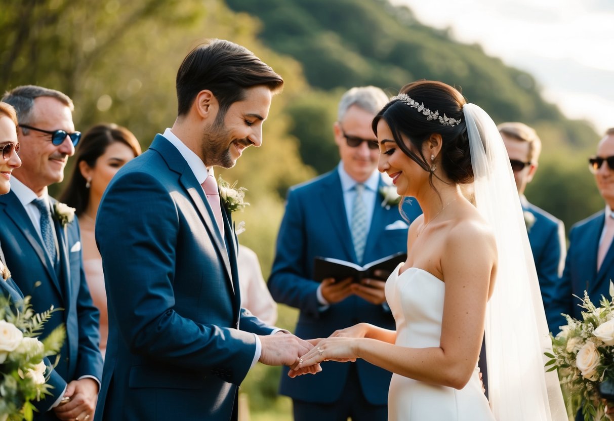 A couple exchanging rings in a symbolic ceremony, surrounded by close friends and family, with a beautiful backdrop of nature