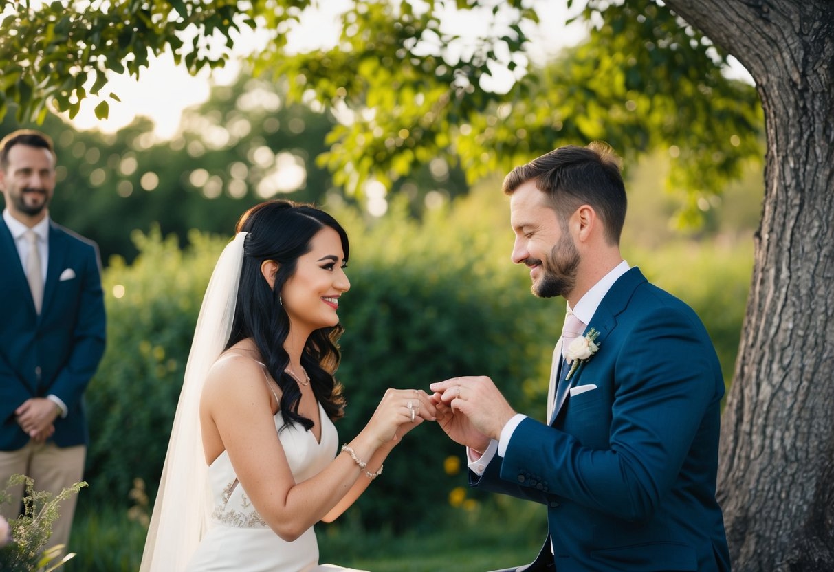 A couple sits under a tree, exchanging rings and vows in a private ceremony, surrounded by nature