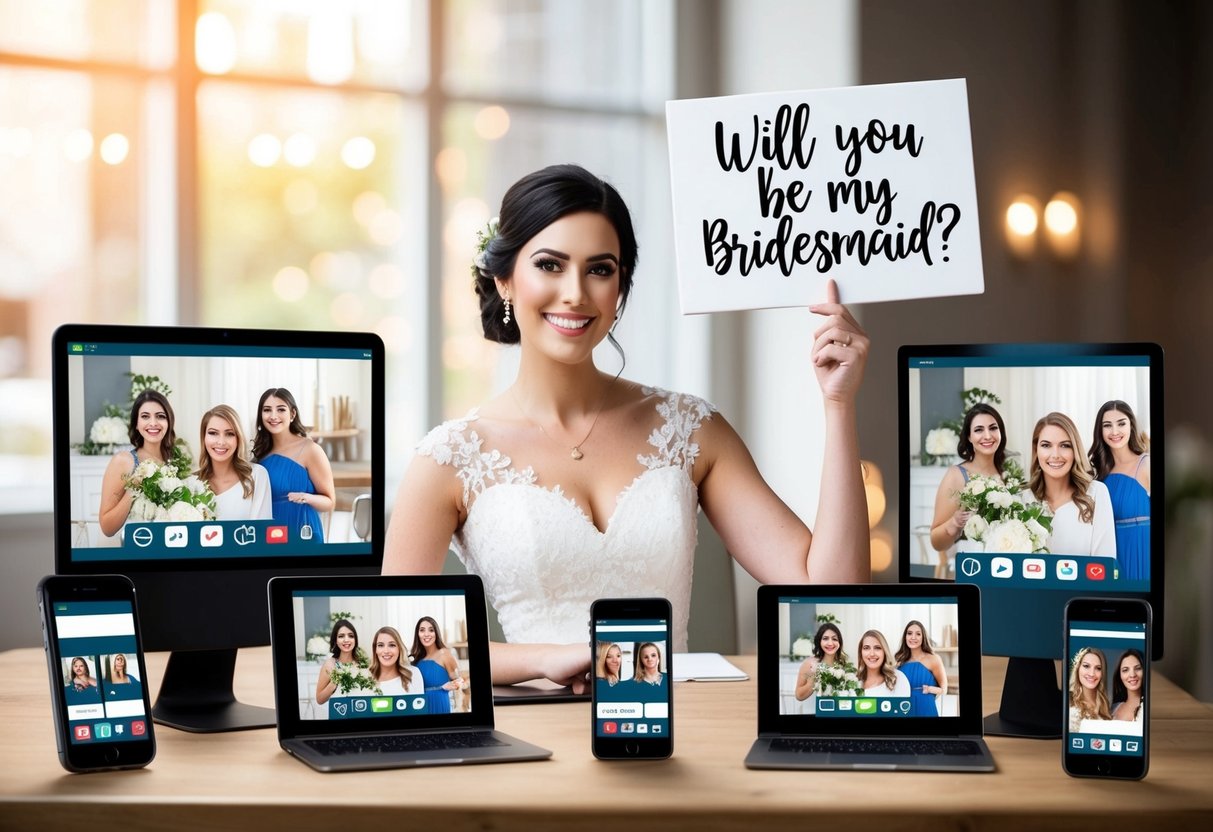A group of digital devices arranged on a table, each displaying a video call with a different bridesmaid. The bride is shown smiling and holding up a sign with the question "Will you be my bridesmaid?"