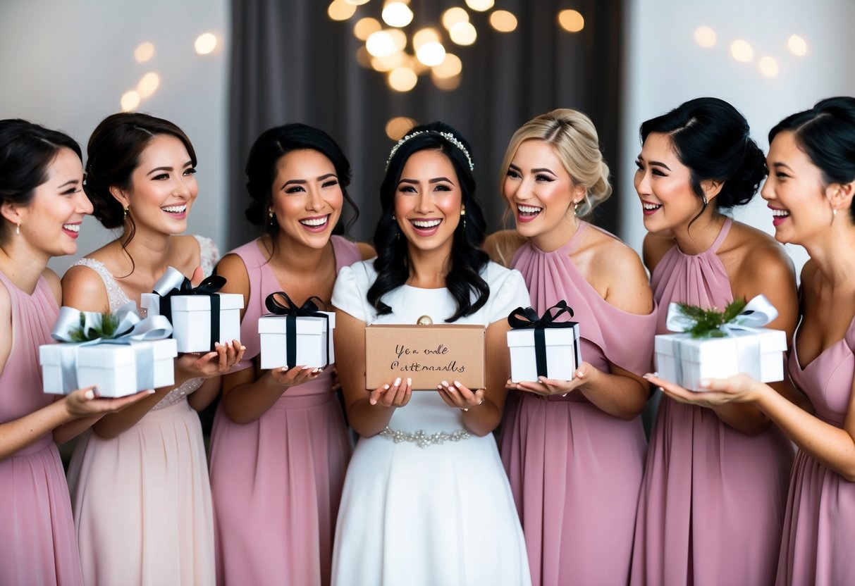 A group of bridesmaids are shown on a video call, each holding a personalized gift and smiling as they are asked to be part of the wedding party