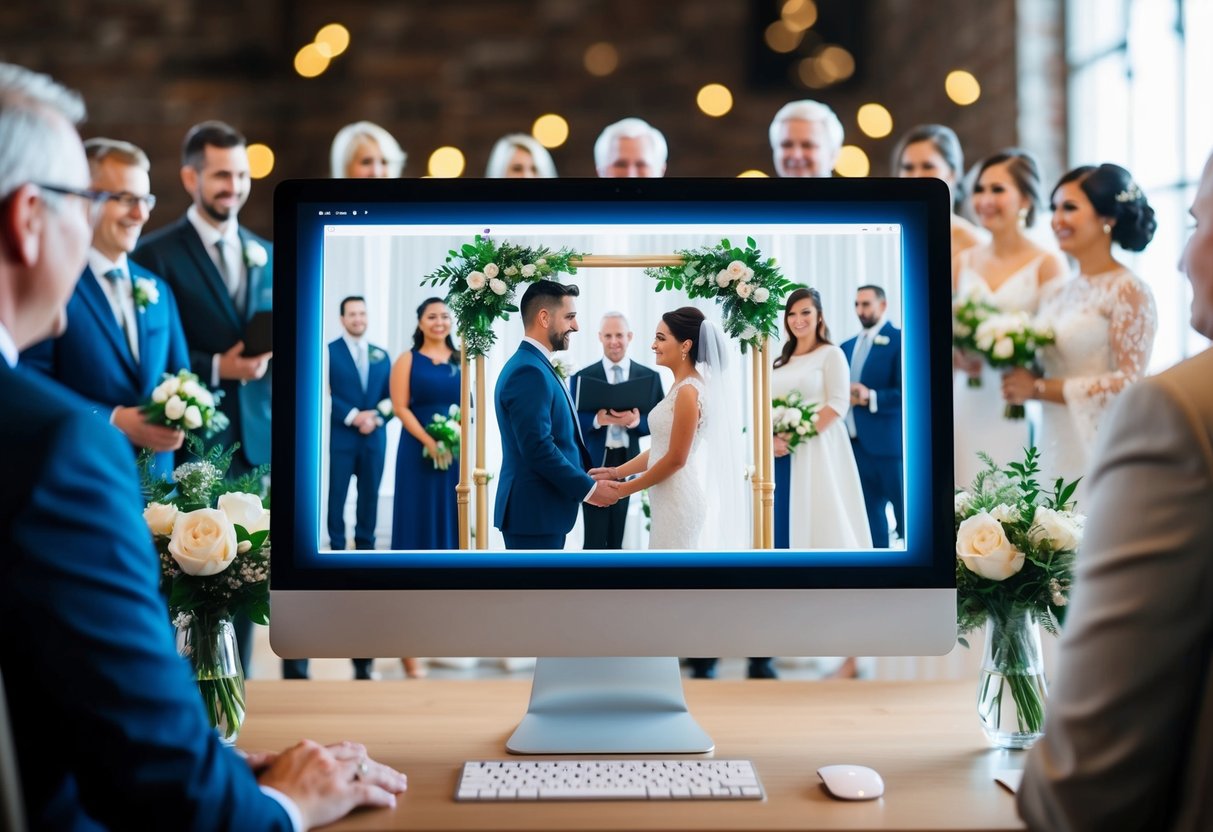 A computer screen displaying a virtual wedding ceremony with a couple and an officiant, surrounded by virtual guests