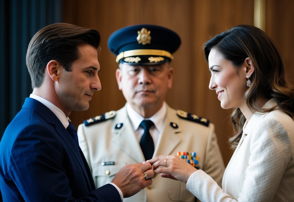 A man and a woman exchanging rings in front of an official-looking person with a stern expression