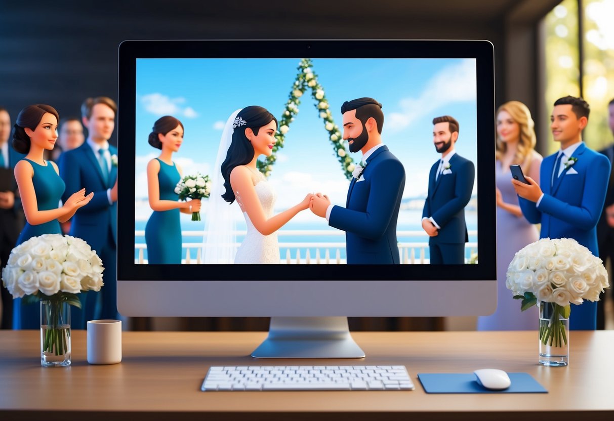 A computer screen displaying a virtual wedding ceremony with two avatars exchanging vows, surrounded by virtual guests and a digital officiant