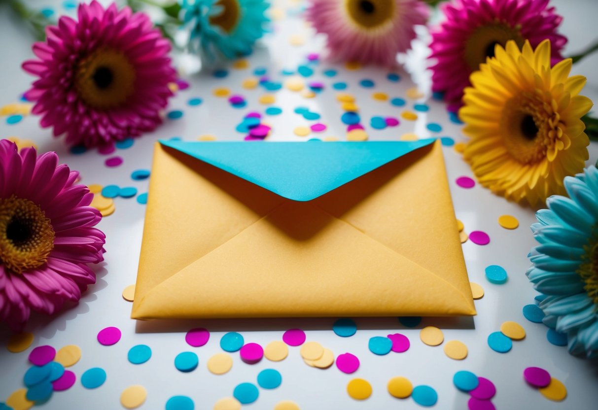 A colorful envelope lies on a table, surrounded by decorative flowers and confetti
