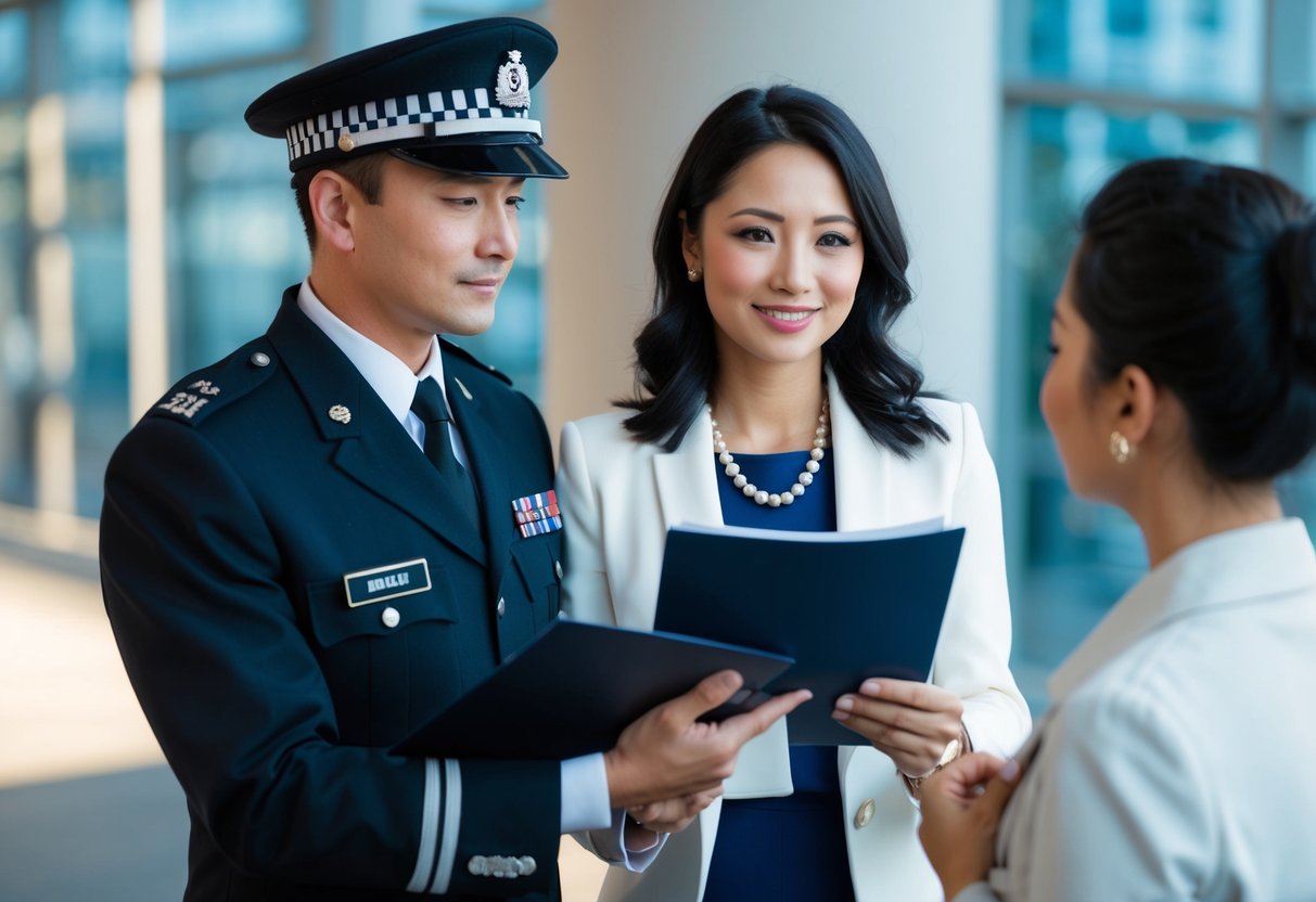 A couple standing before a UK immigration officer, with the officer scrutinizing their documents and expressions for signs of a genuine relationship