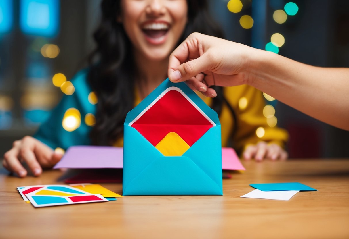 A colorful envelope being opened with excitement