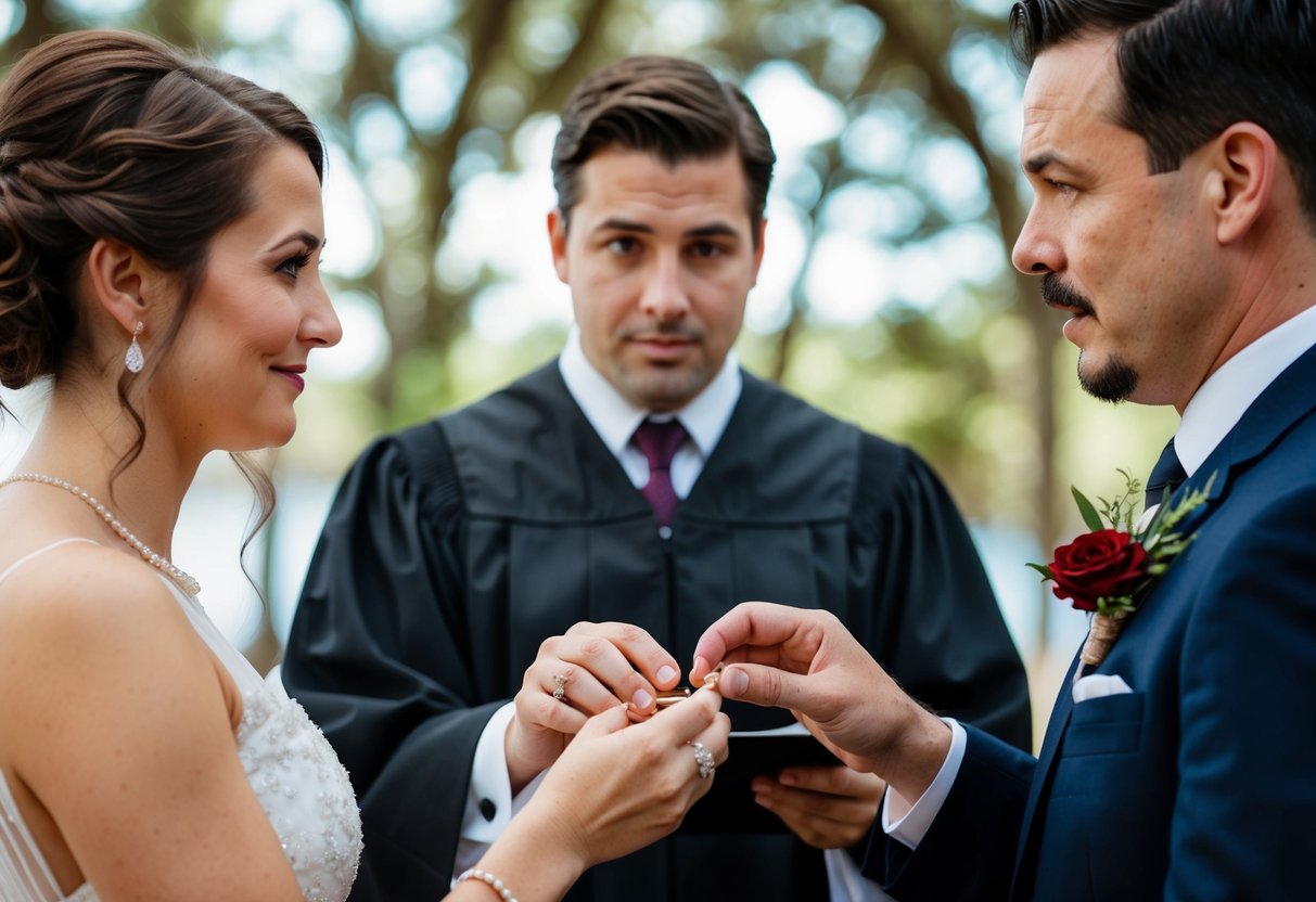 A couple exchanging rings with a suspicious look from the officiant