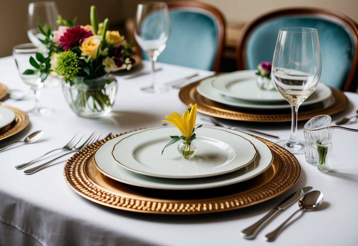 A table set with elegant dinnerware and fresh flowers