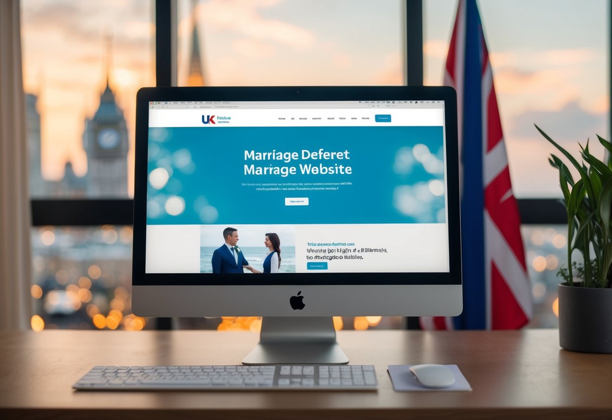 A computer screen displaying a marriage website with a UK flag in the background