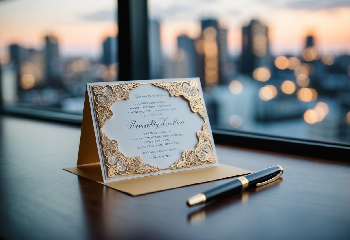 A beautifully decorated invitation card placed on a table with a pen next to it