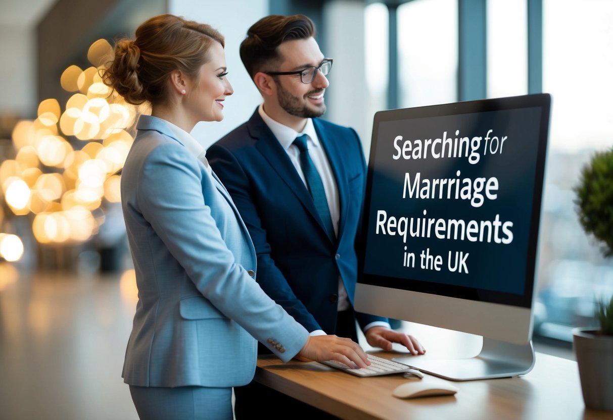 A couple standing in front of a computer, searching for marriage requirements in the UK