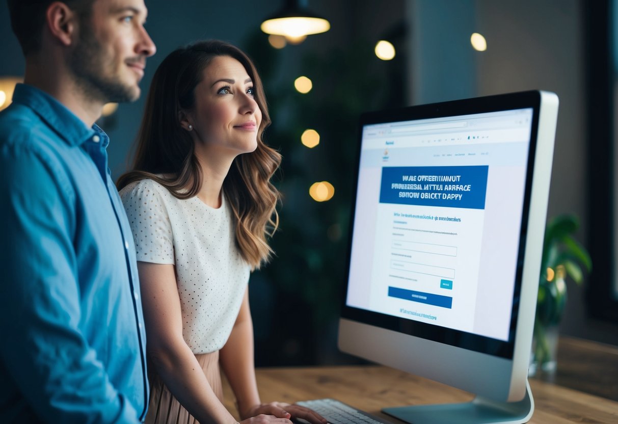 A couple stands before a computer, one looking hopeful, the other uncertain. The screen displays a UK government website with a form for marriage without divorce papers