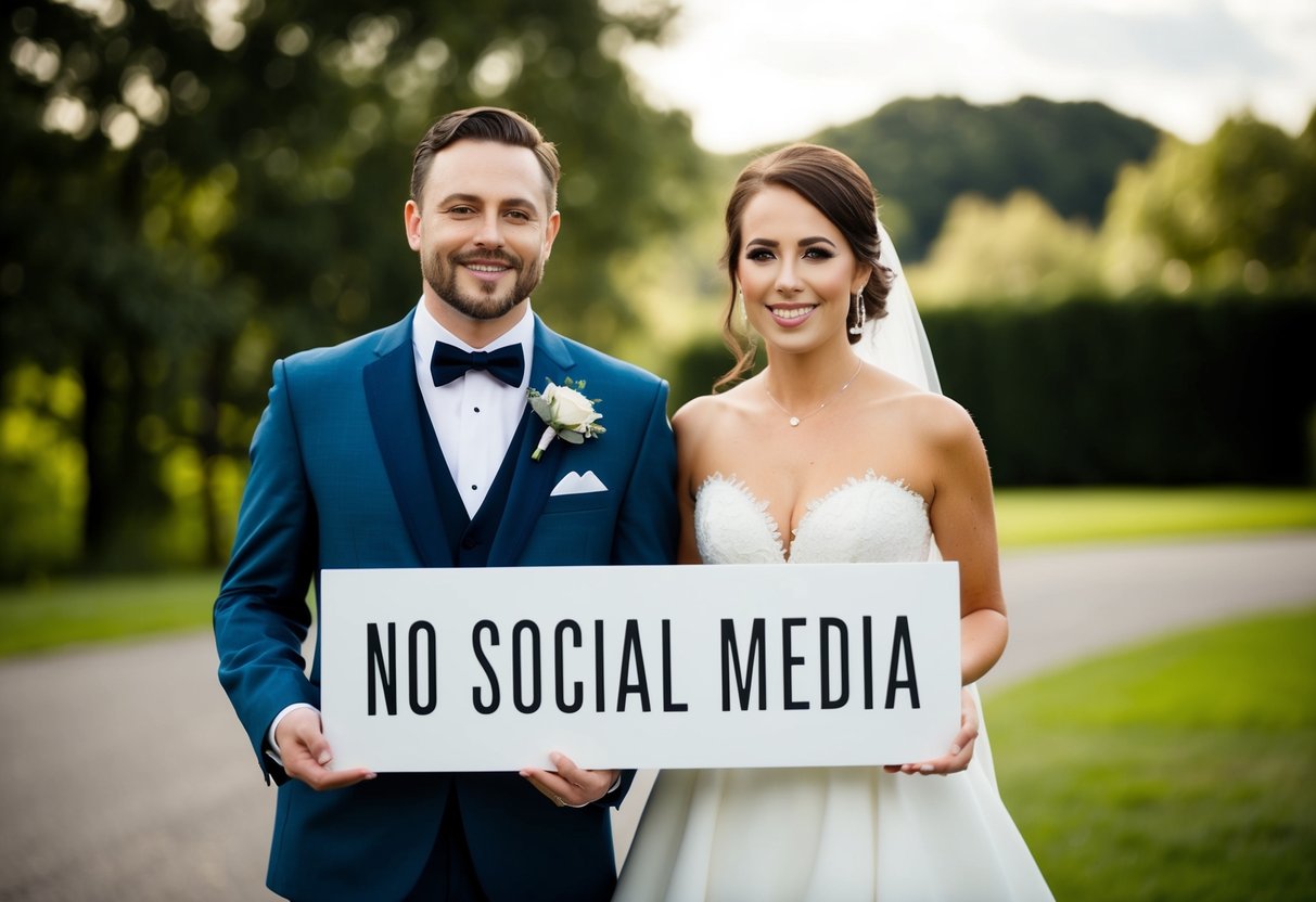A bride and groom holding a "no social media" sign at their wedding