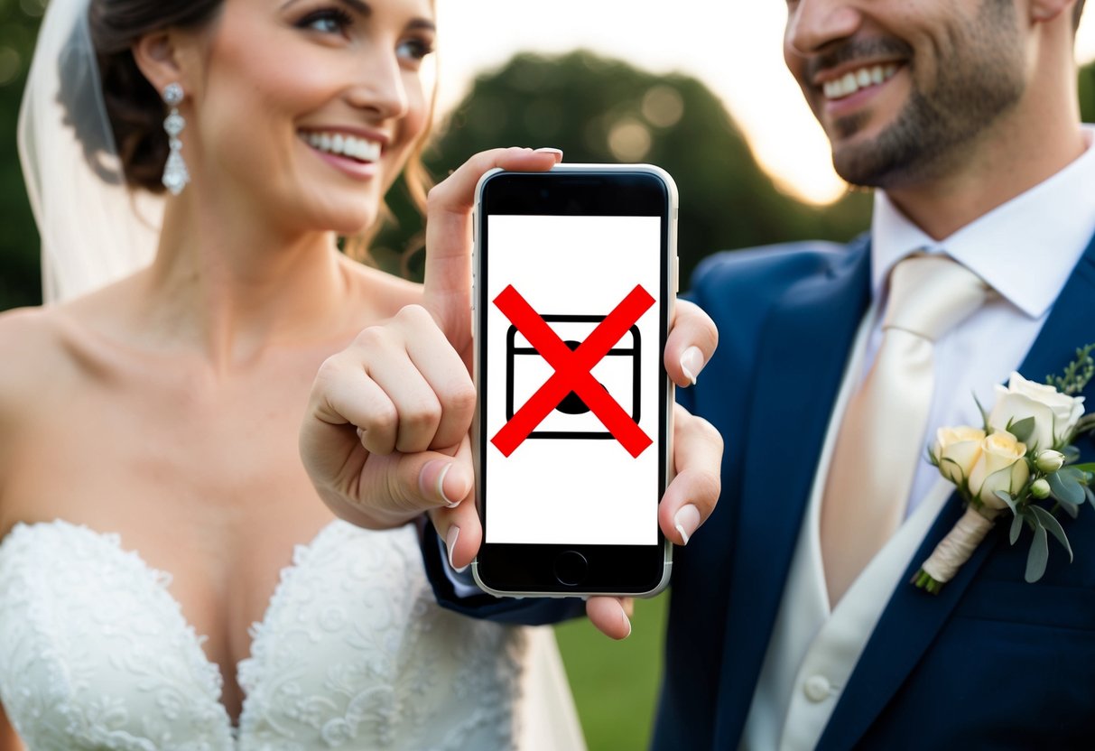 A bride and groom gesture "X" over a smartphone with a social media icon, indicating not to post for their wedding