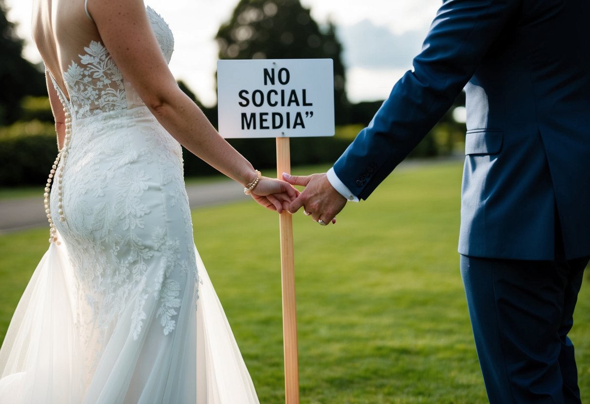 A bride and groom holding hands, gesturing to a "no social media" sign at their wedding venue