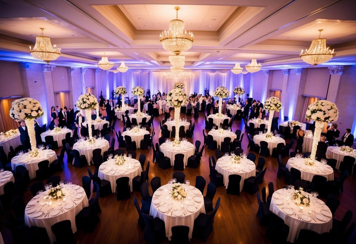 A grand hall adorned with flowers and twinkling lights, filled with elegant tables and a dance floor, as guests mingle and celebrate