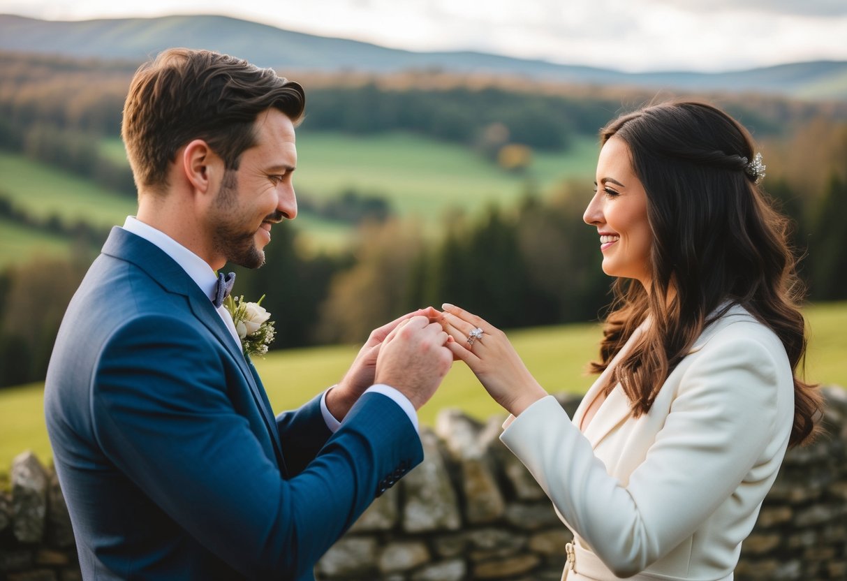 A couple exchanging rings in front of a picturesque landscape