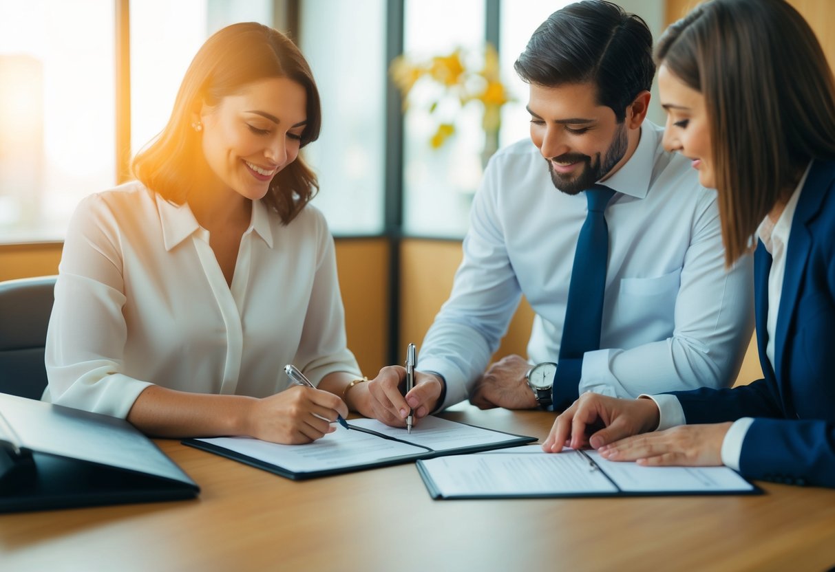 A couple signing legal documents at a registrar's office