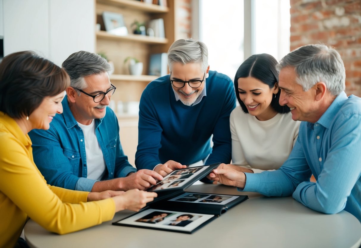 A family and friends gathering around a table, looking at a photo album and sharing memories