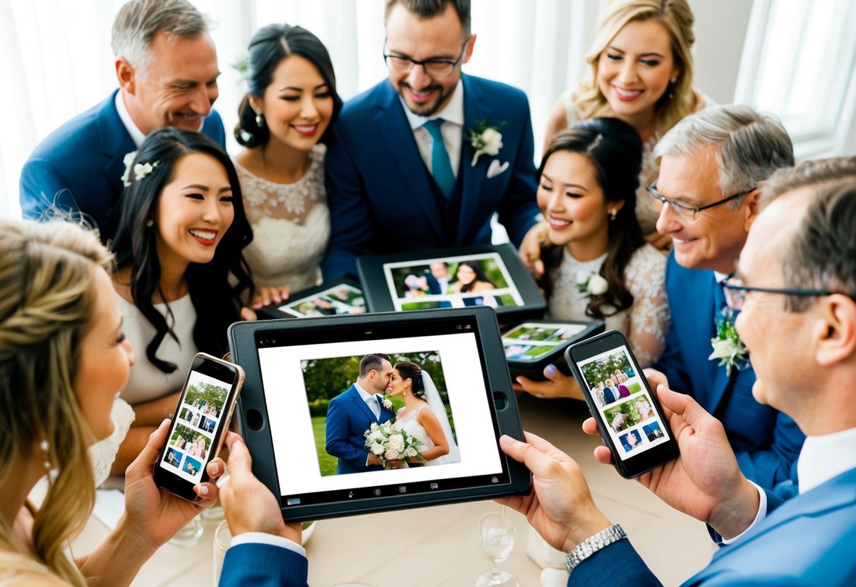 A couple's wedding photo album displayed on a digital device, surrounded by smiling family and friends, each holding their own device to view and share the photos