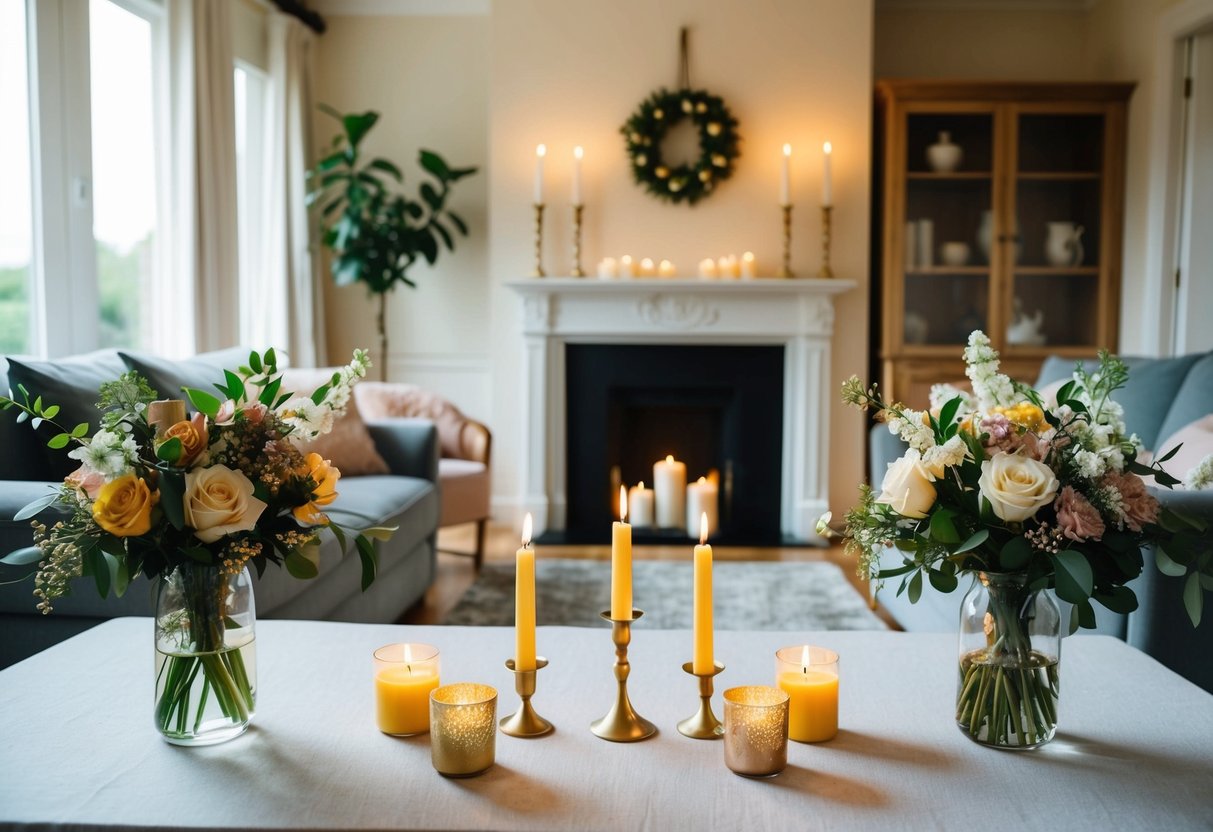 A cozy living room with flowers, candles, and a small altar set up for a home wedding ceremony