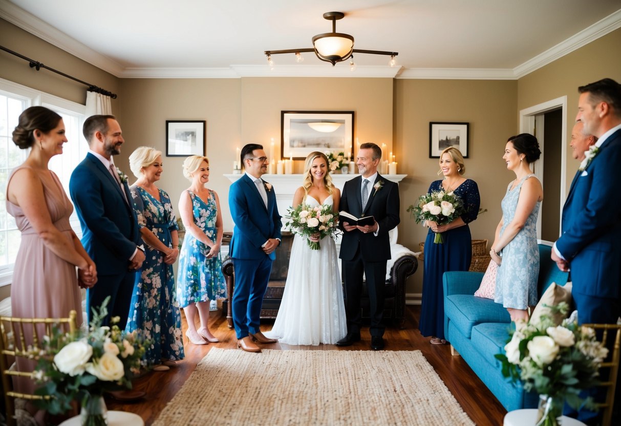 A couple stands in a cozy living room, surrounded by family and friends. A small makeshift altar is set up, with flowers and candles. An officiant presides over the ceremony